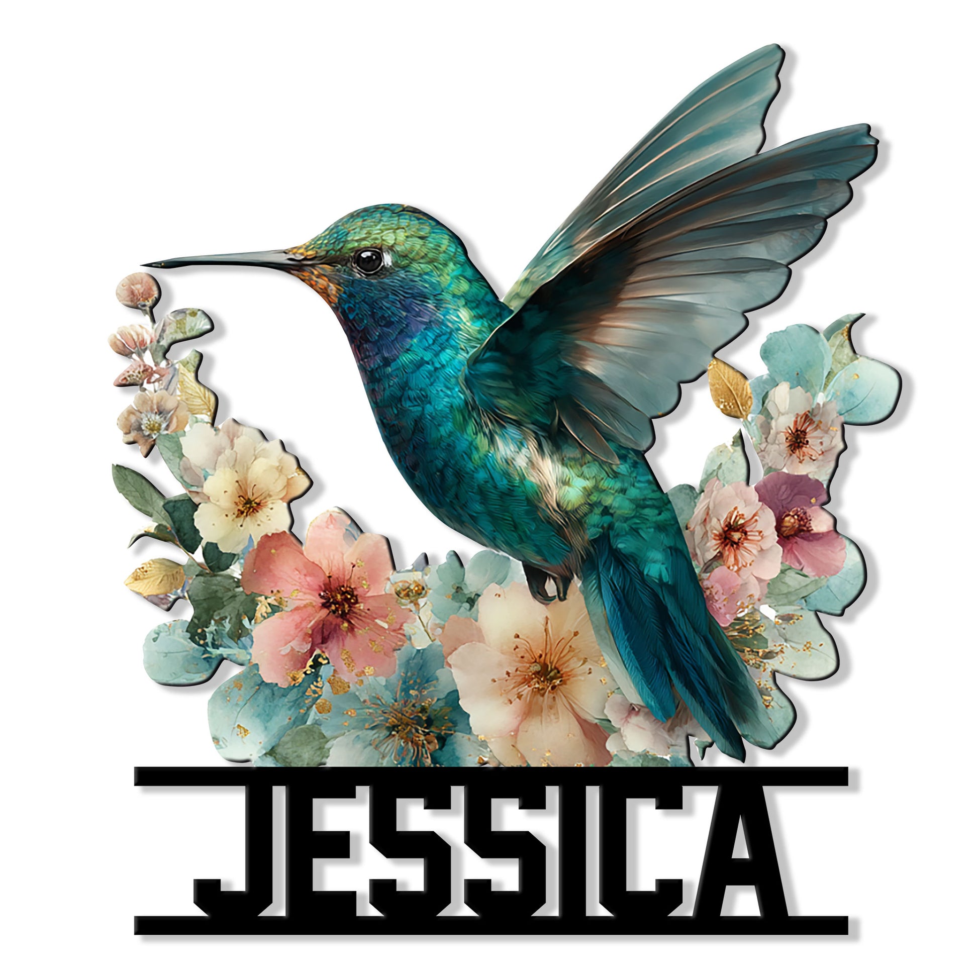 Colorful hummingbird with raised wings surrounded by soft pink, blue, and cream flowers on a metal sign