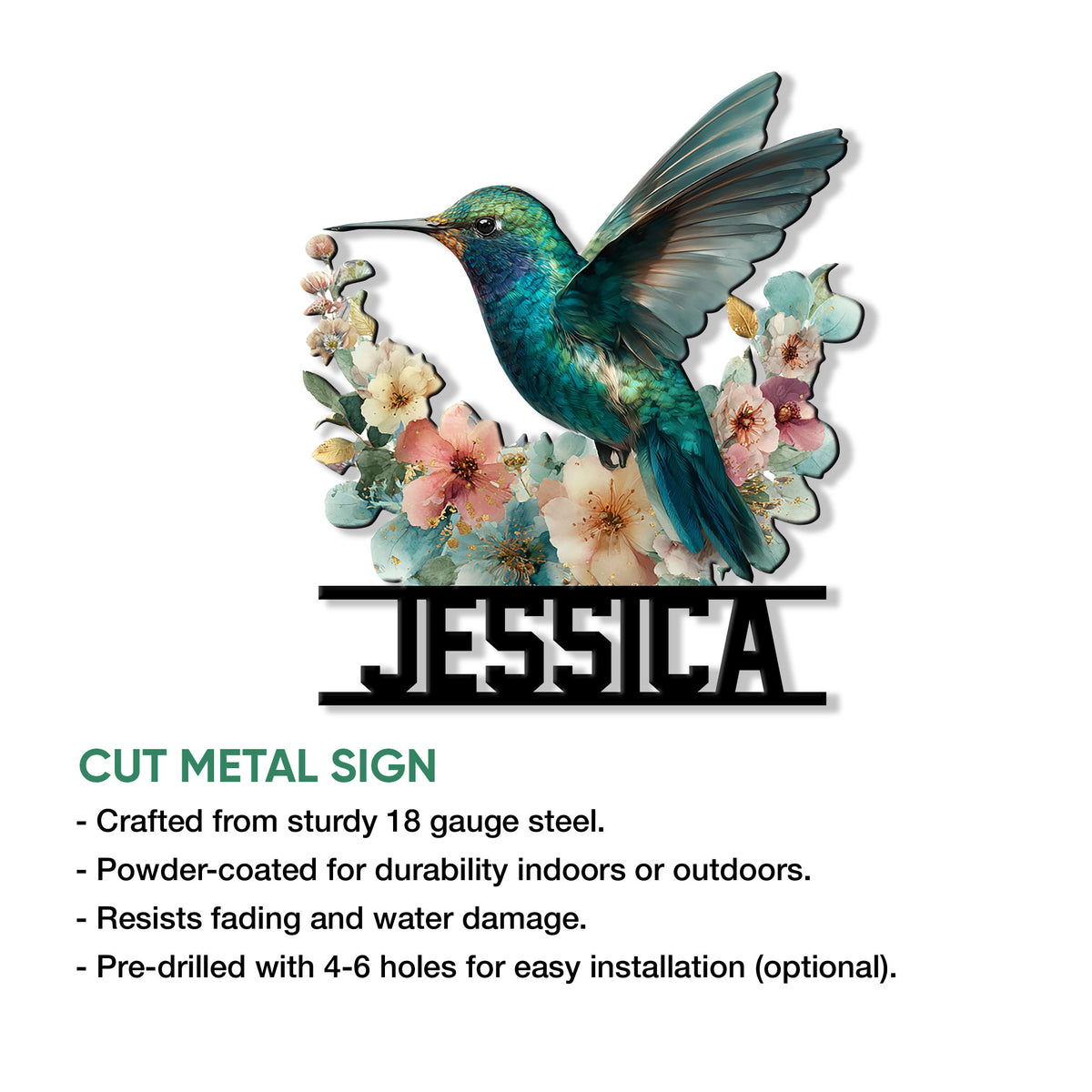 Hummingbird floral metal sign shown with a cut-metal sign feature and indoor or outdoor decor presentation