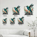 Hummingbird flower metal sign shown in multiple sizes above a living room sofa for scale comparison