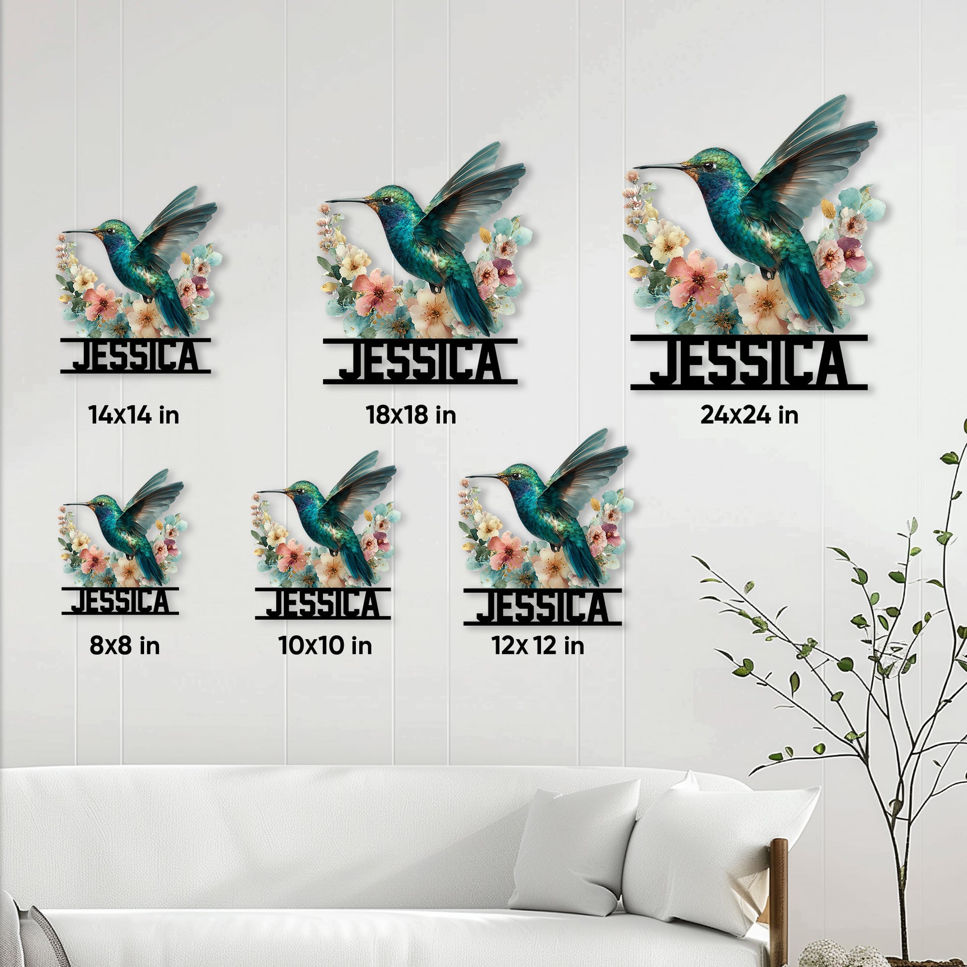 Hummingbird flower metal sign shown in multiple sizes above a living room sofa for scale comparison