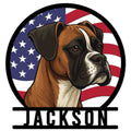Patriotic Boxer dog metal sign featuring a detailed portrait against an American flag background