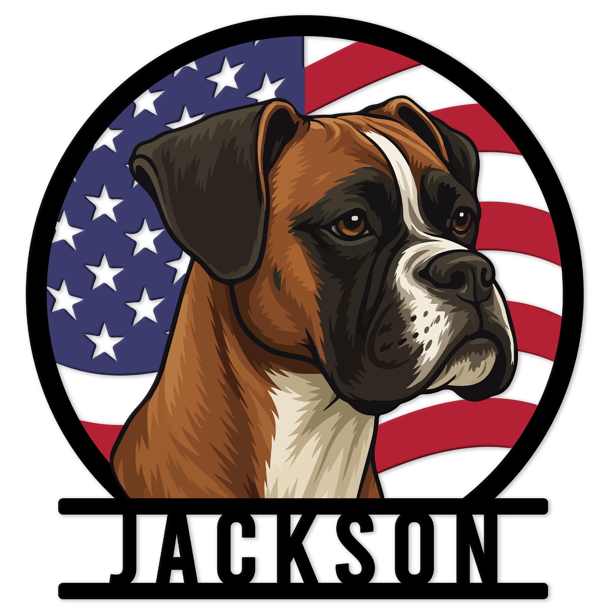 Patriotic Boxer dog metal sign featuring a detailed portrait against an American flag background