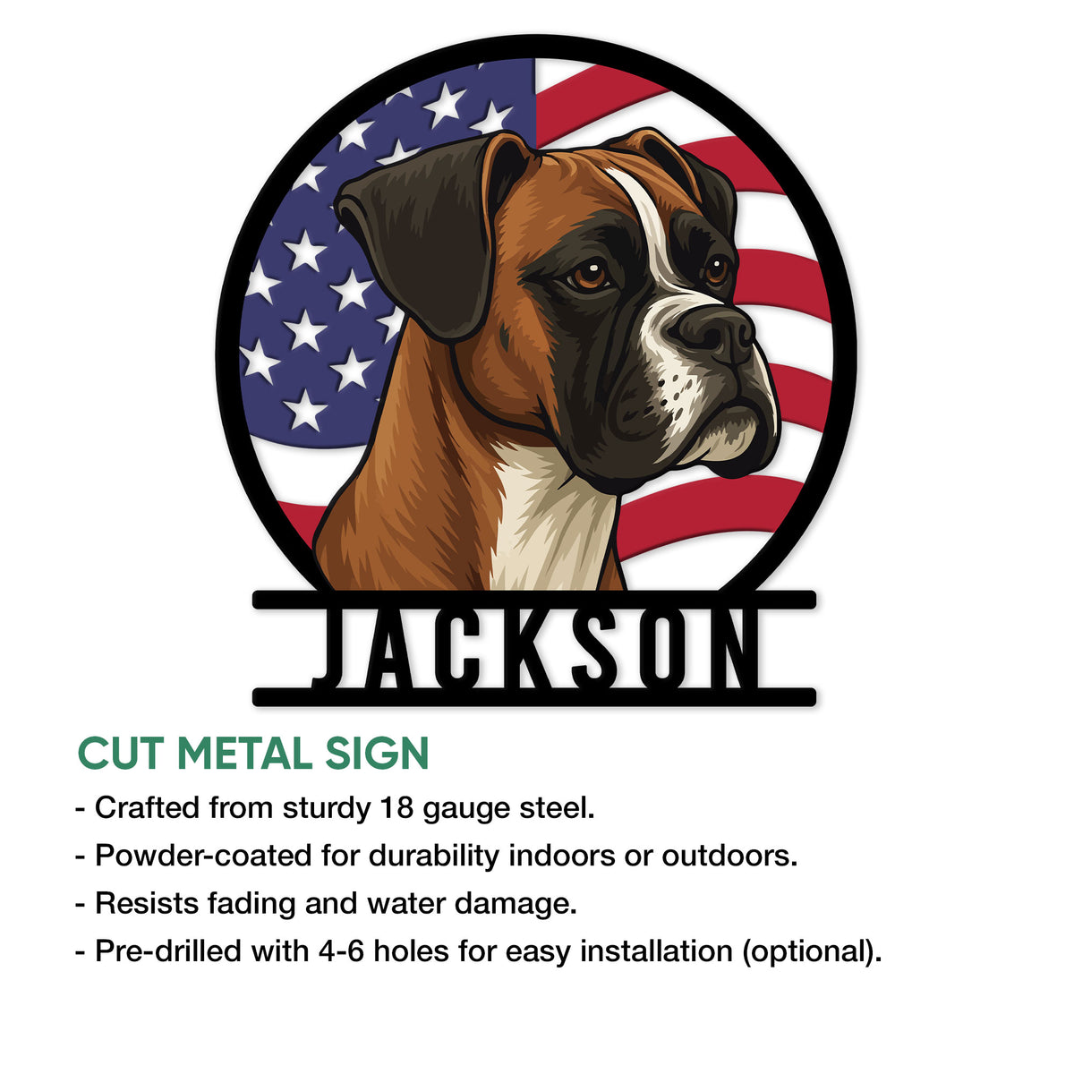 Boxer dog cut metal sign feature graphic showing the patriotic portrait design