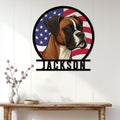 Patriotic Boxer dog wall sign displayed on a white paneled wall in a home entryway