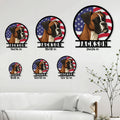 Boxer dog metal sign size guide showing six available circular sign sizes