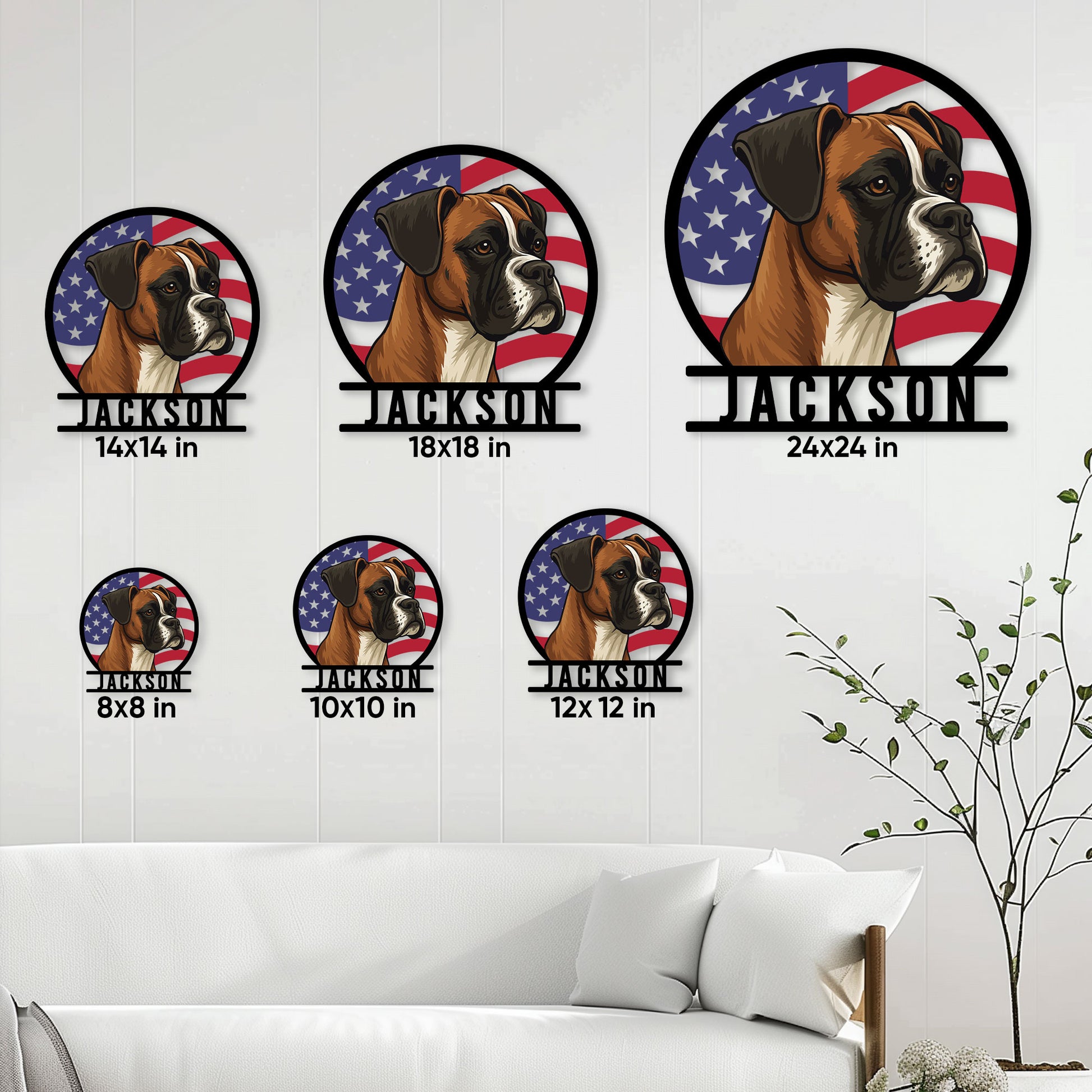 Boxer dog metal sign size guide showing six available circular sign sizes
