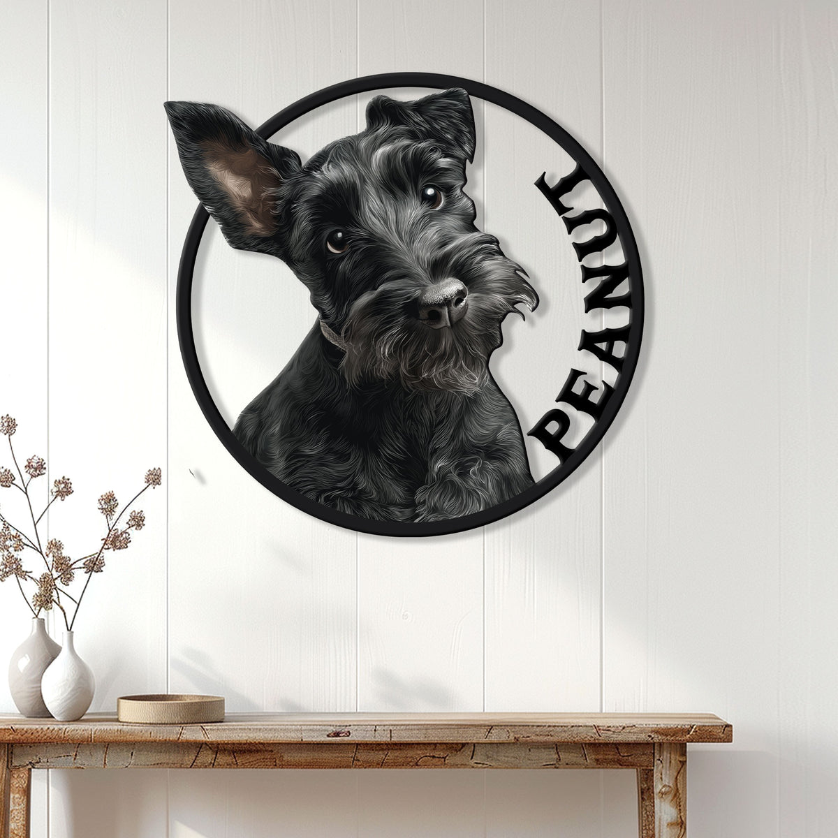 Scottish Terrier wall sign displayed on a bright paneled wall above a console table
