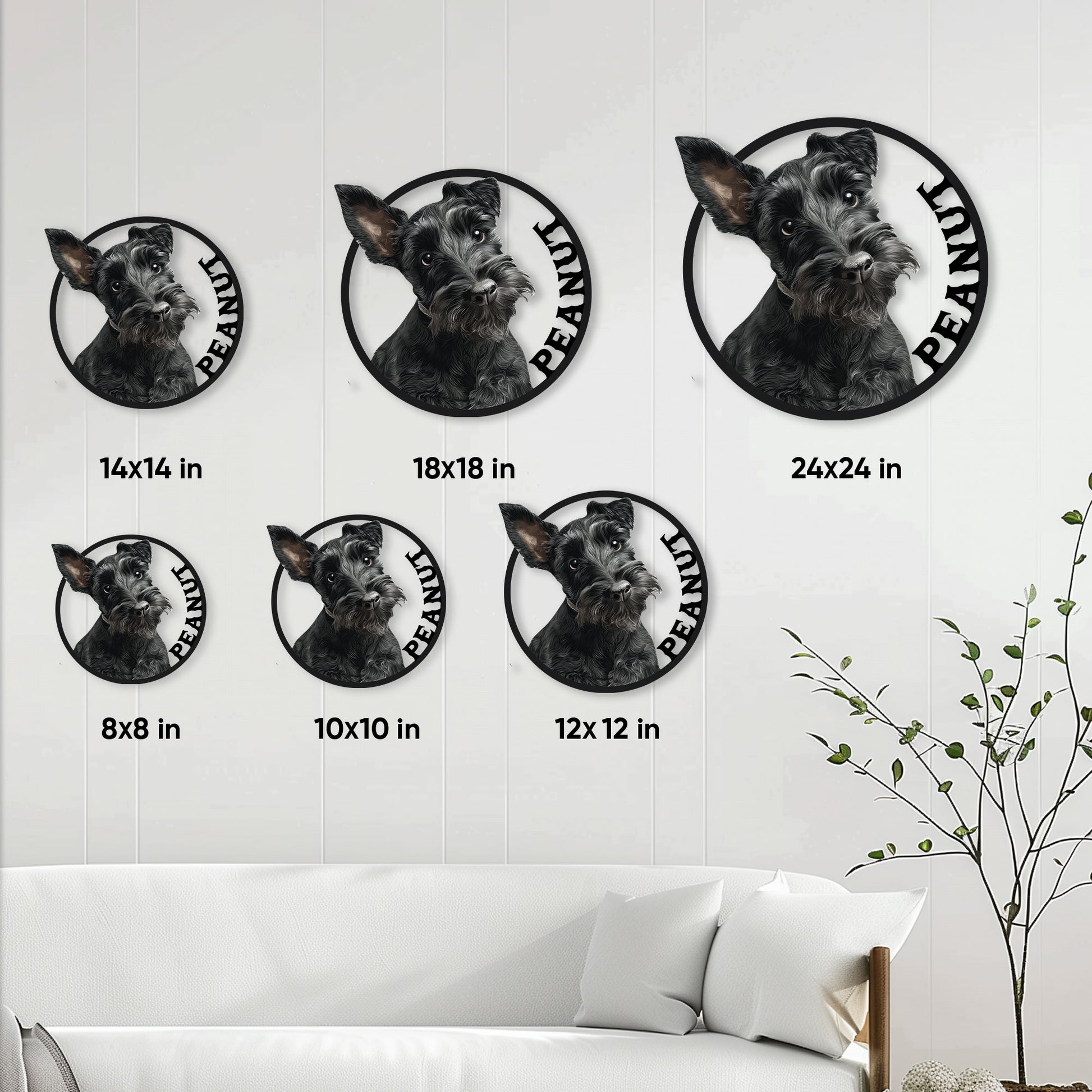 Scottish Terrier metal sign size guide showing 8, 10, 12, 14, 18, and 24 inch options