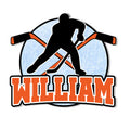 Custom hockey metal sign featuring a black player silhouette, crossed sticks, and an icy rink background