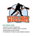 Hockey player silhouette metal sign shown with cut metal sign features and bold rink-inspired artwork