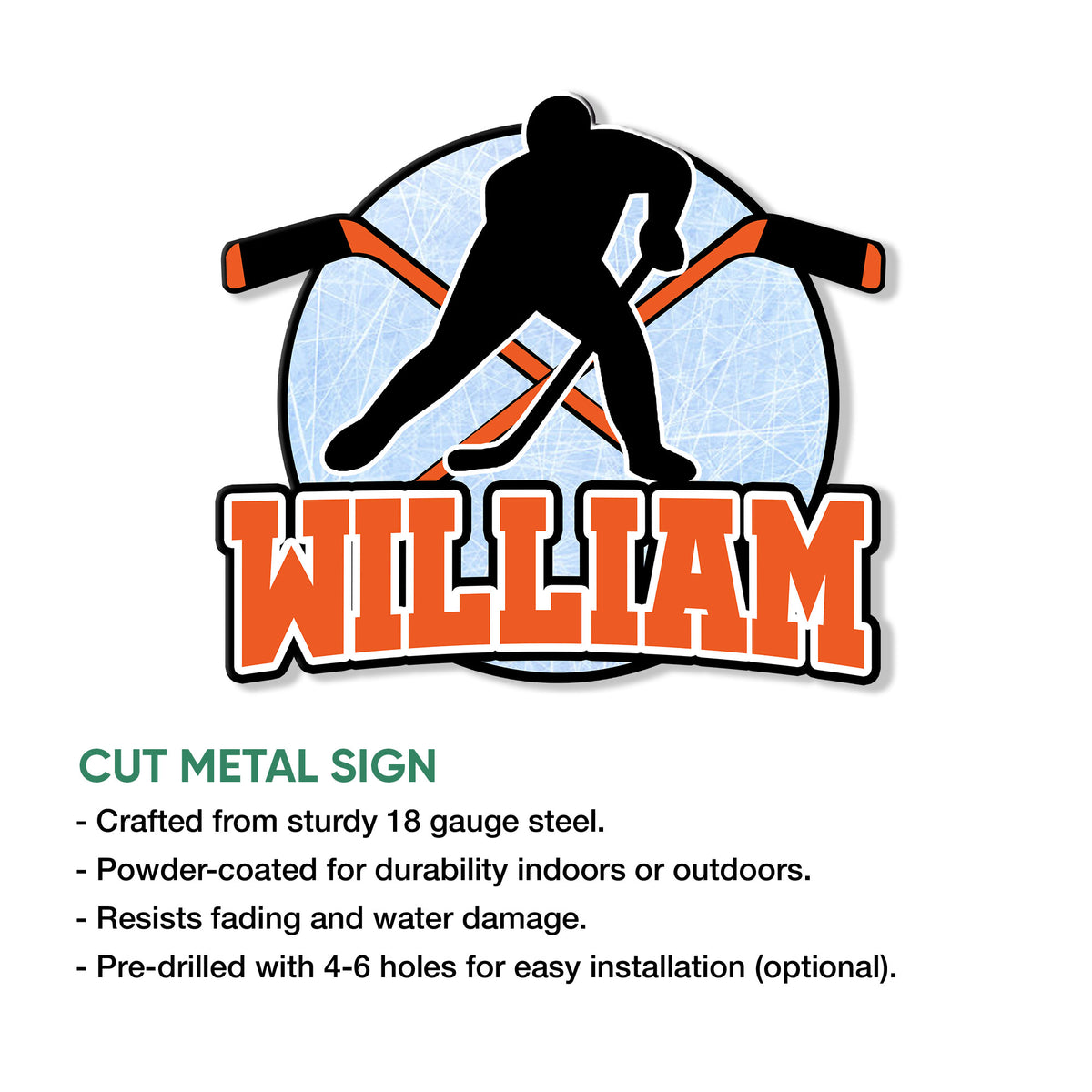 Hockey player silhouette metal sign shown with cut metal sign features and bold rink-inspired artwork