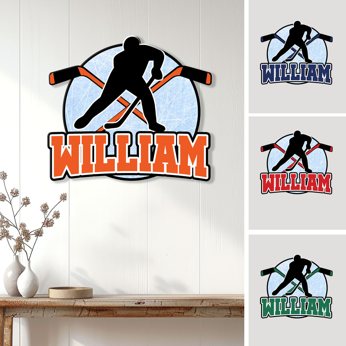 Hockey wall sign displayed in a bright home setting with a player silhouette and multiple color options