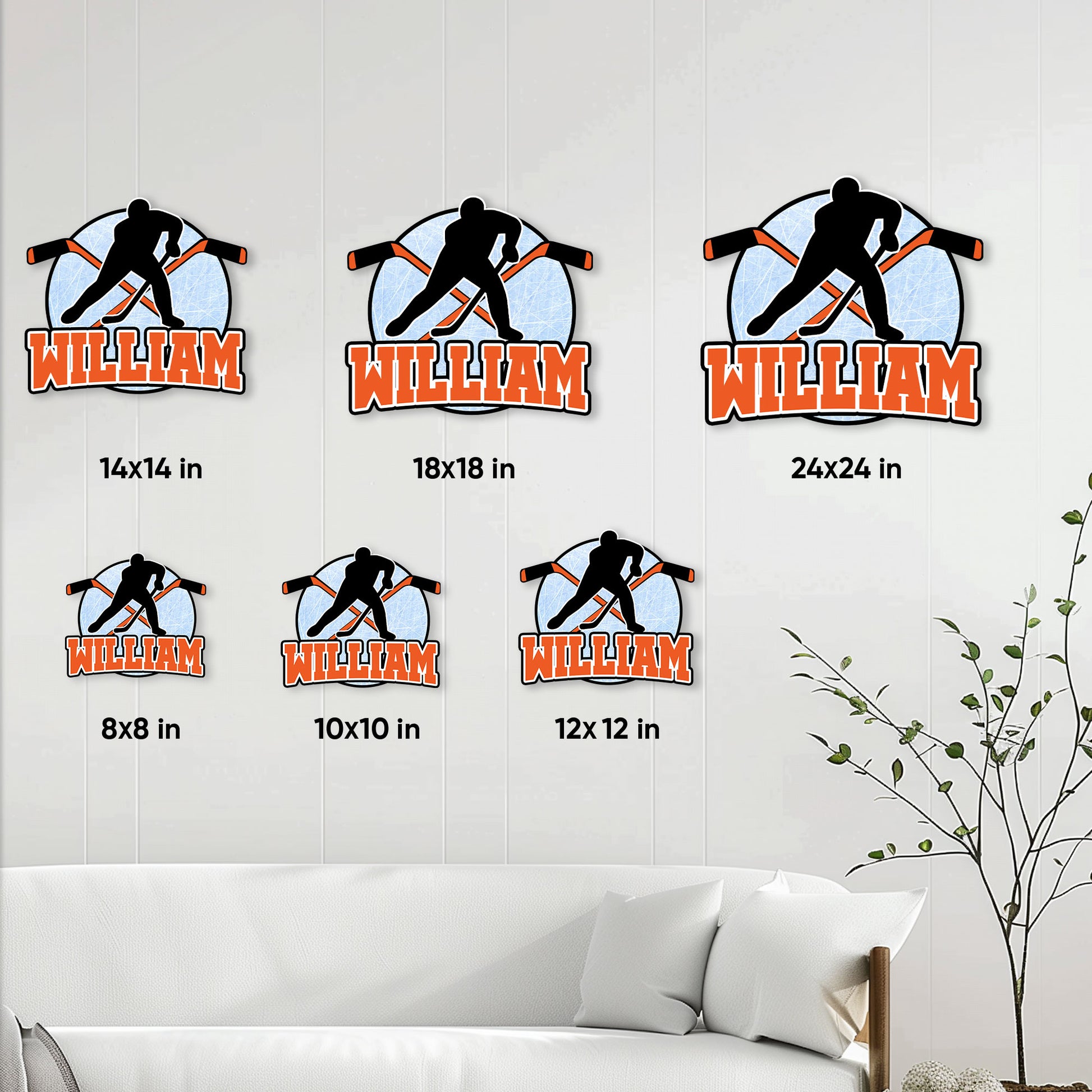 Hockey player metal sign shown in several size options on a modern living room wall