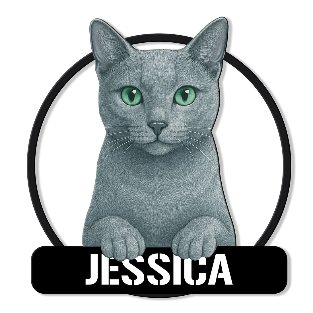 Russian Blue cat metal sign featuring a detailed gray cat portrait with bright green eyes and a circular frame