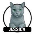 Russian Blue cat metal sign featuring a detailed gray cat portrait with bright green eyes and a circular frame