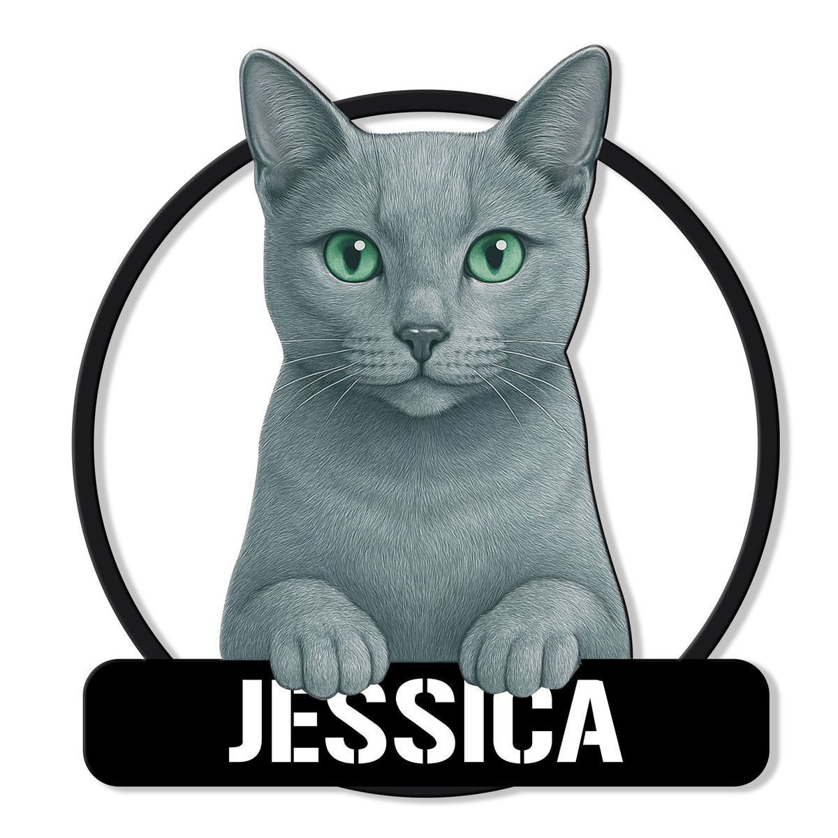 Russian Blue cat metal sign featuring a detailed gray cat portrait with bright green eyes and a circular frame