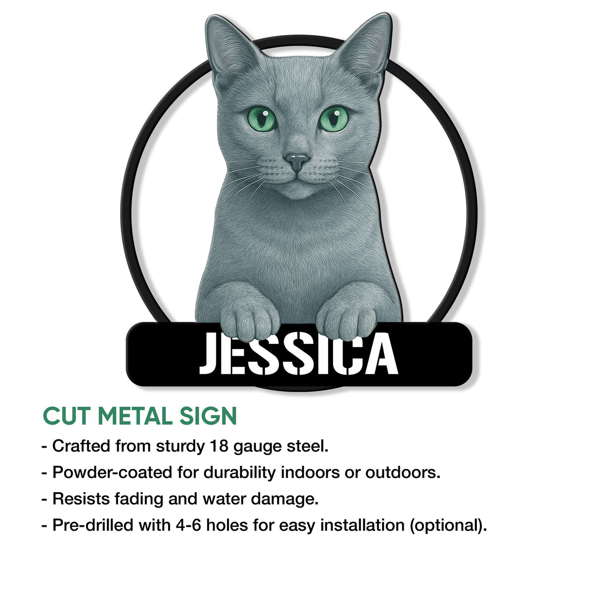 Russian Blue cat metal sign feature graphic showing the framed feline portrait and cut metal sign design