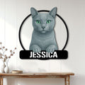 Russian Blue cat wall sign displayed on a light wood-paneled wall above a console table