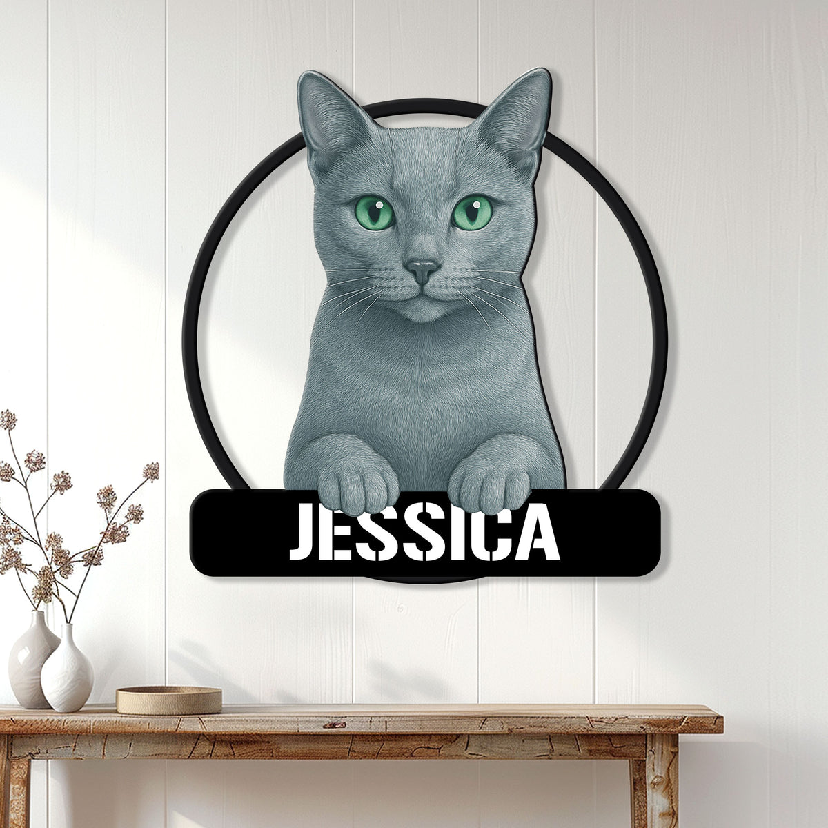 Russian Blue cat wall sign displayed on a light wood-paneled wall above a console table