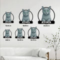 Russian Blue cat metal sign size guide showing six available square sizes in a home decor setting