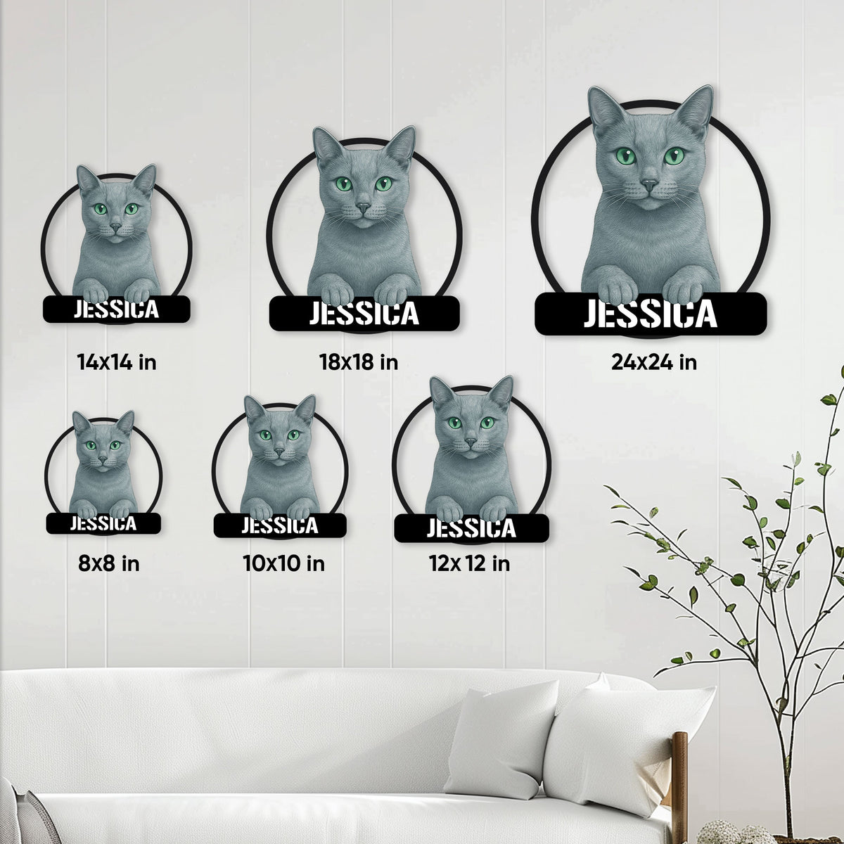 Russian Blue cat metal sign size guide showing six available square sizes in a home decor setting