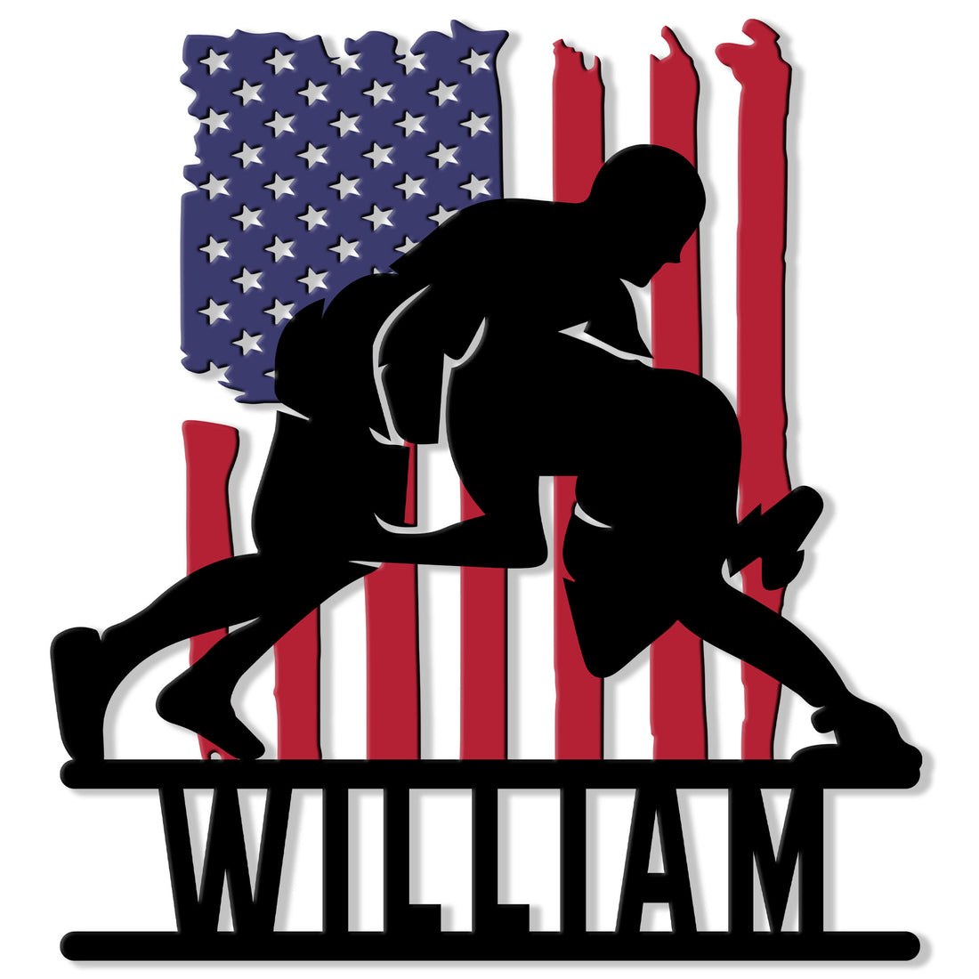 Patriotic wrestling metal sign featuring a powerful grappler silhouette over a distressed American flag