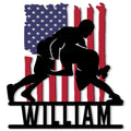 Patriotic wrestling metal sign featuring a powerful grappler silhouette over a distressed American flag