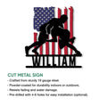 Wrestling metal sign product graphic showing a grappler silhouette, American flag design, and sign features
