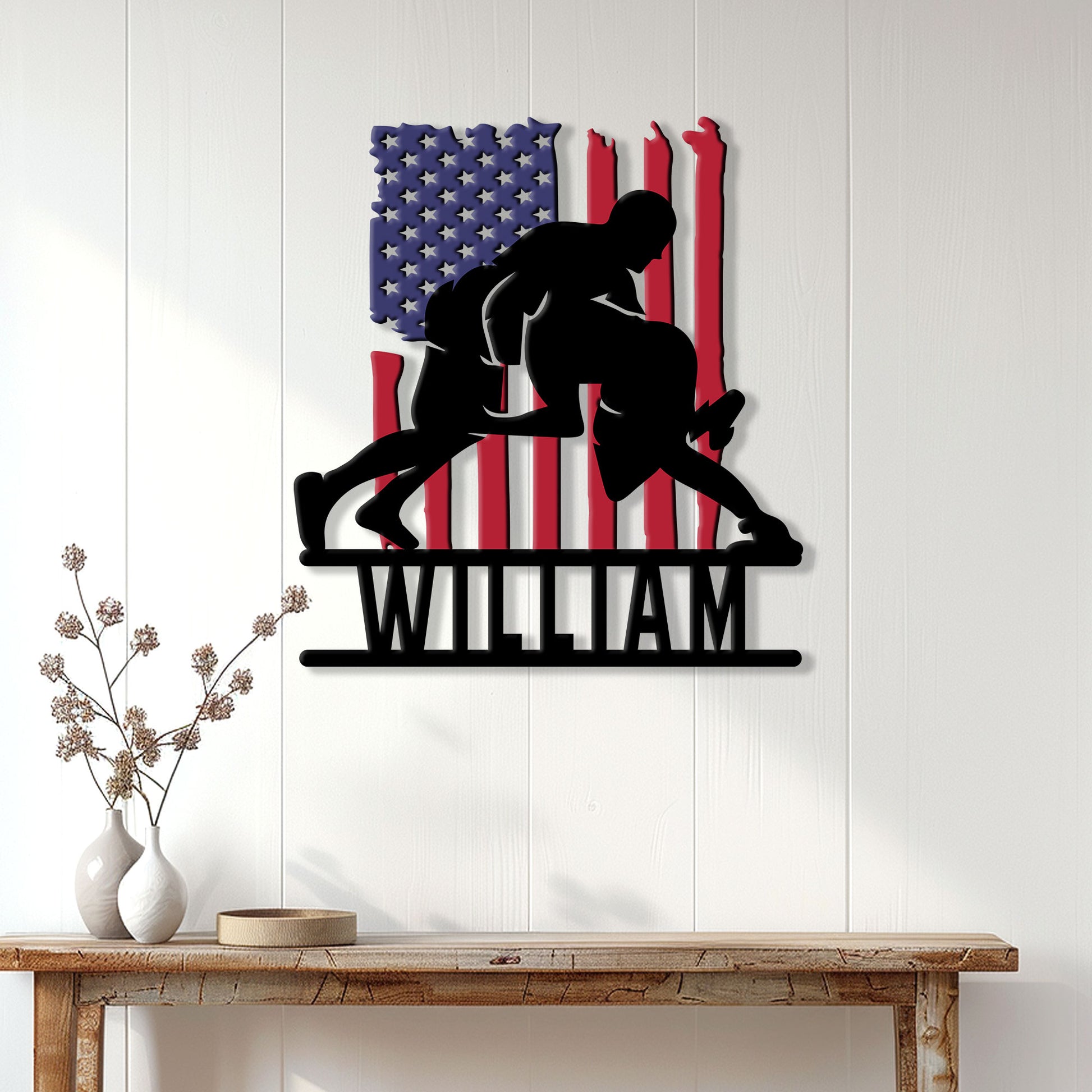 Patriotic wrestler metal wall sign displayed on a bright paneled wall above a rustic console table