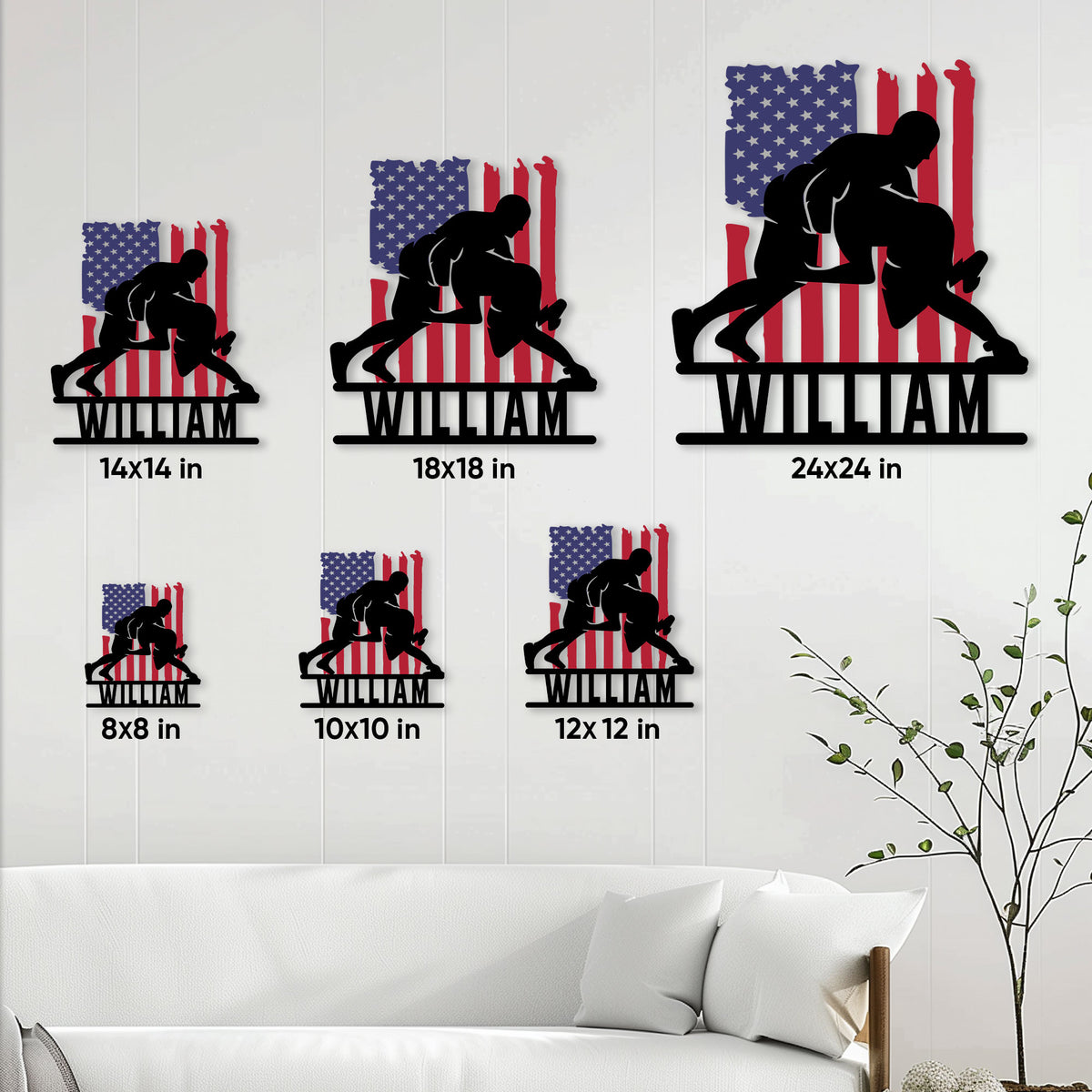 Wrestling metal sign size guide showing display options from 8 by 8 inches to 24 by 24 inches