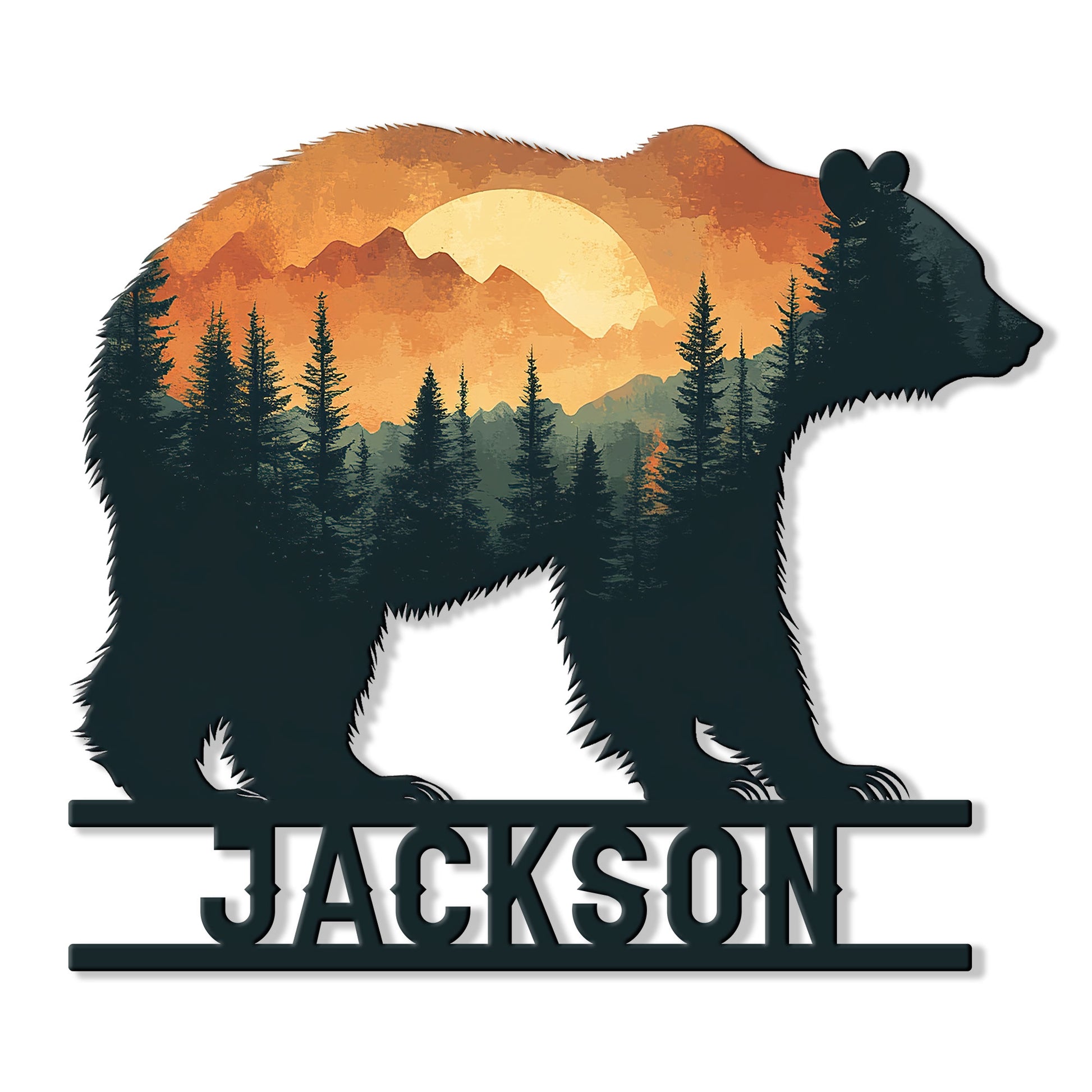 Custom bear-shaped metal sign featuring a forest, mountain, and glowing sunset silhouette
