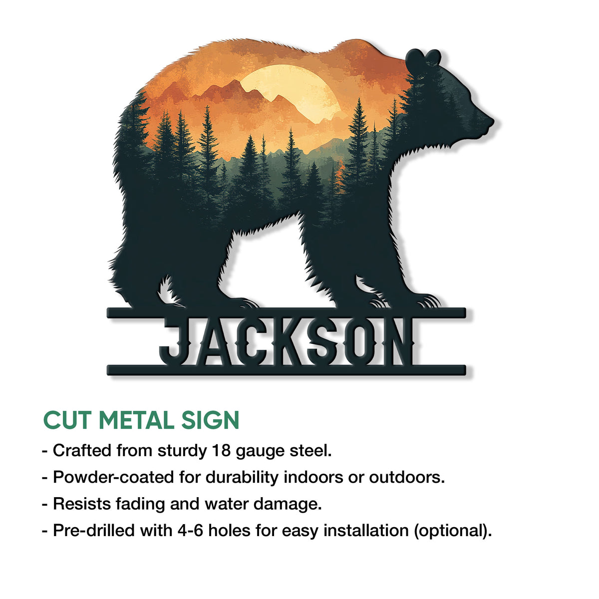 Bear metal sign with a layered forest and mountain sunset design, shown as a cut metal wall accent
