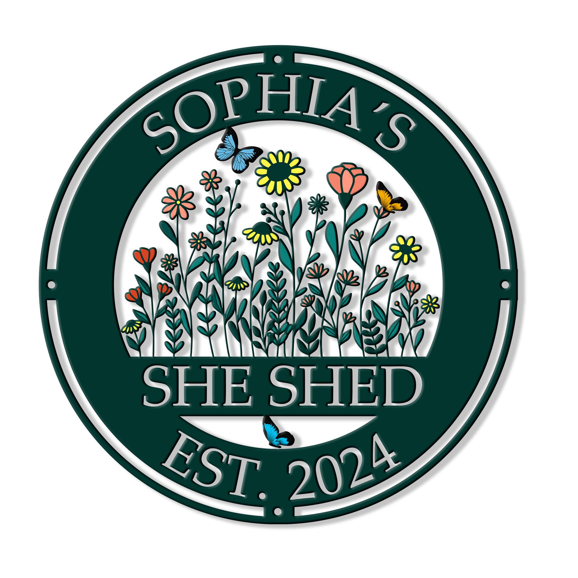 Round She Shed metal sign with colorful wildflowers, butterflies, and a deep green decorative border