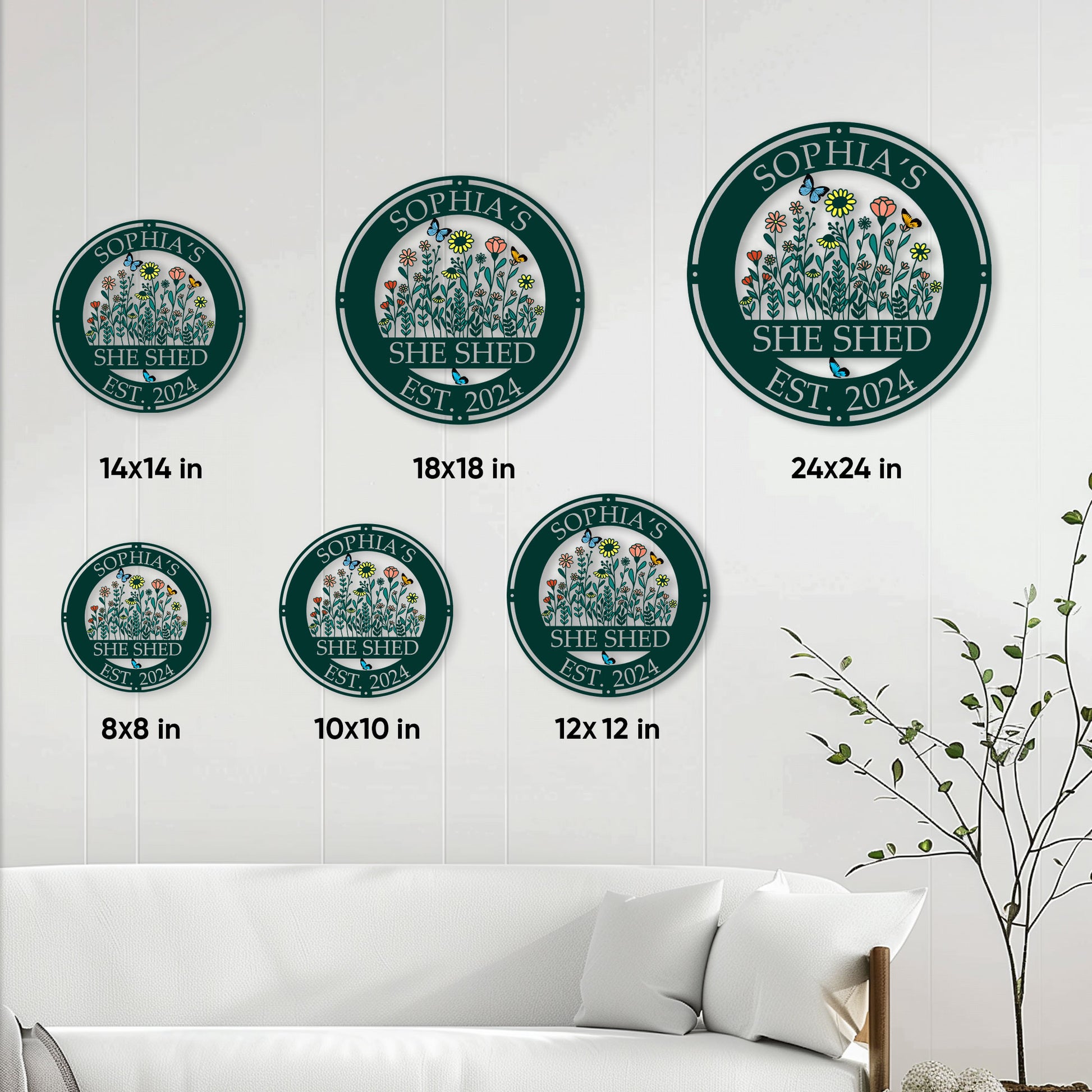 She Shed flower garden metal sign shown in multiple size options on a bright living room wall