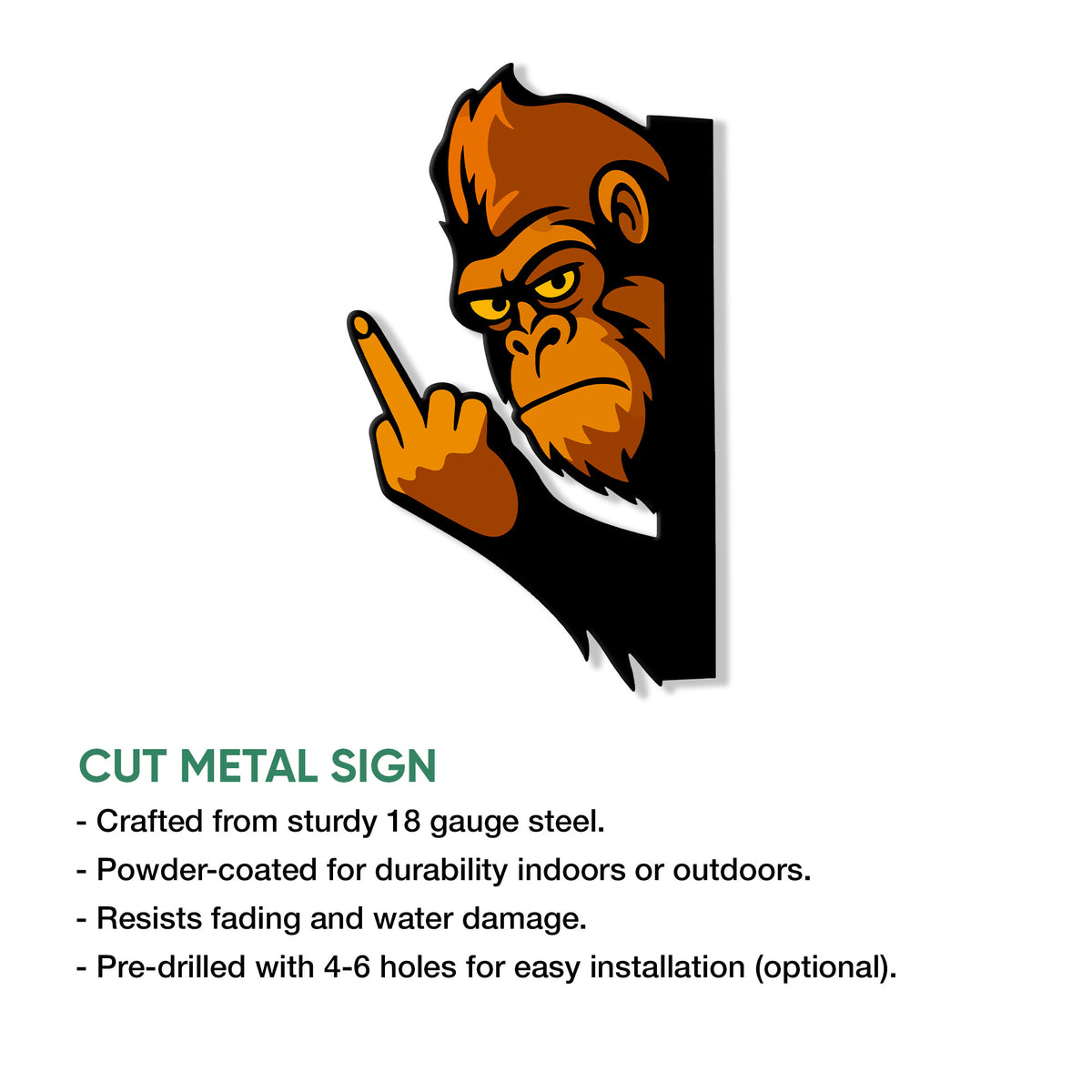 Freestanding cut metal gorilla sign showing a bold orange-and-black ape design and raised hand