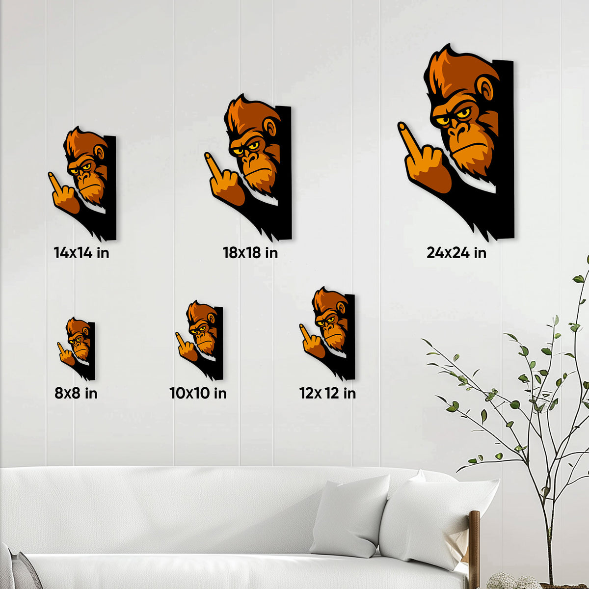 Gorilla wall sign size guide showing options from 8 by 8 inches to 24 by 24 inches