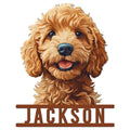 Detailed close-up Goldendoodle portrait metal sign with a cheerful curly-coated dog design