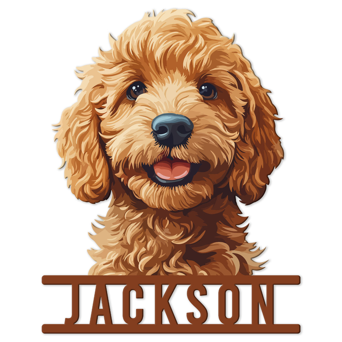 Detailed close-up Goldendoodle portrait metal sign with a cheerful curly-coated dog design