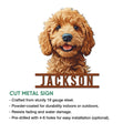 Goldendoodle portrait cut metal sign shown in a product feature presentation