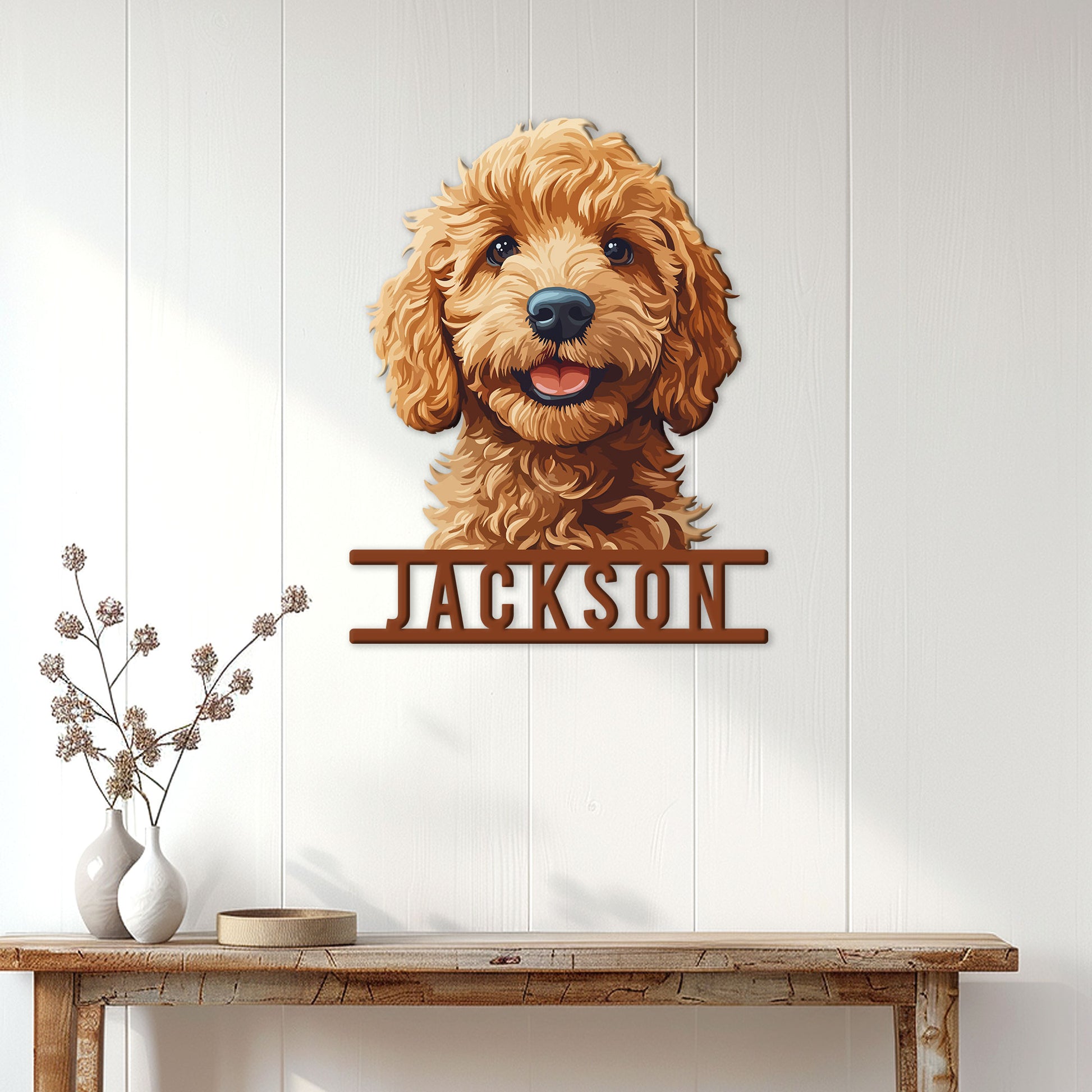 Goldendoodle metal sign displayed on a white paneled wall above a console table