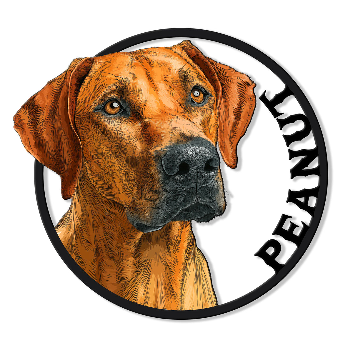 Rhodesian Ridgeback metal sign with a detailed warm-toned dog portrait in a bold circular frame