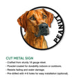 Cut metal Rhodesian Ridgeback sign featuring a realistic dog portrait and circular black border