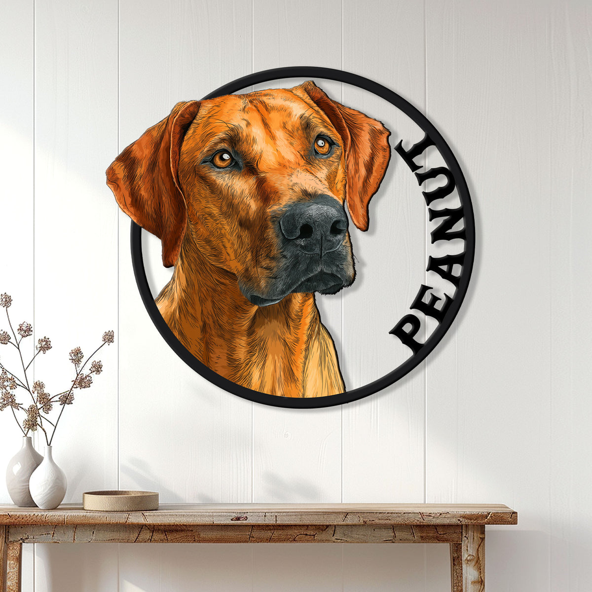 Rhodesian Ridgeback wall sign displayed on white paneled decor above a wood console table