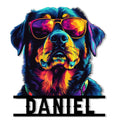 Colorful Rottweiler portrait wearing sunglasses on a bold black cut metal sign
