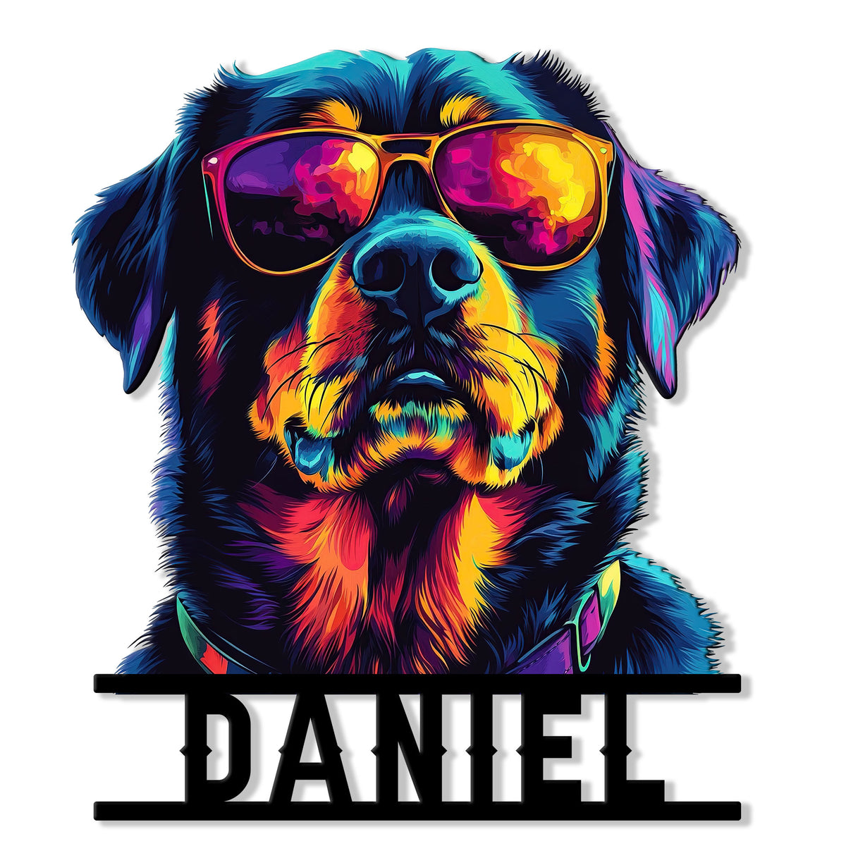 Colorful Rottweiler portrait wearing sunglasses on a bold black cut metal sign