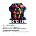 Rottweiler metal sign featuring a vibrant sunglasses portrait and product feature information