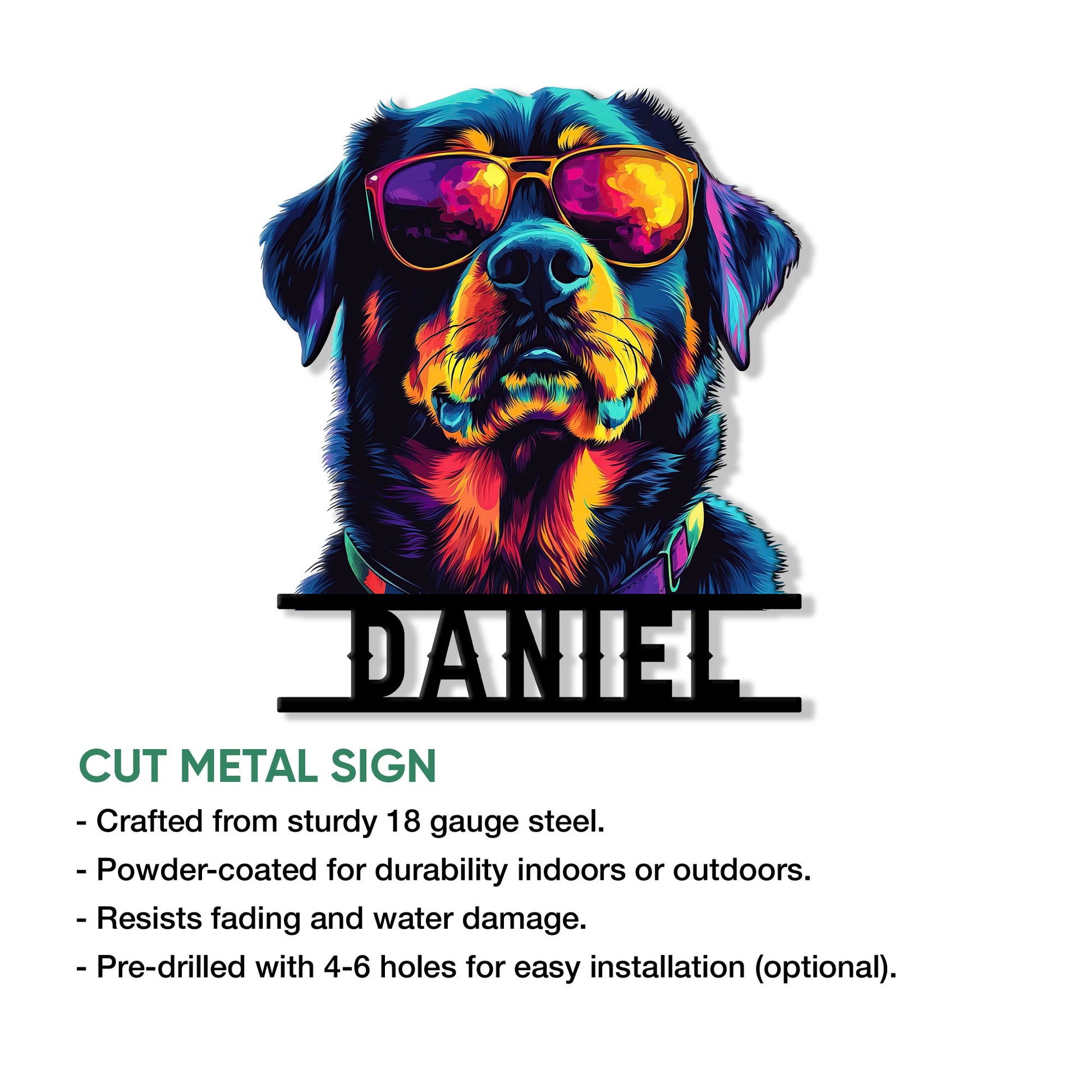 Rottweiler metal sign featuring a vibrant sunglasses portrait and product feature information