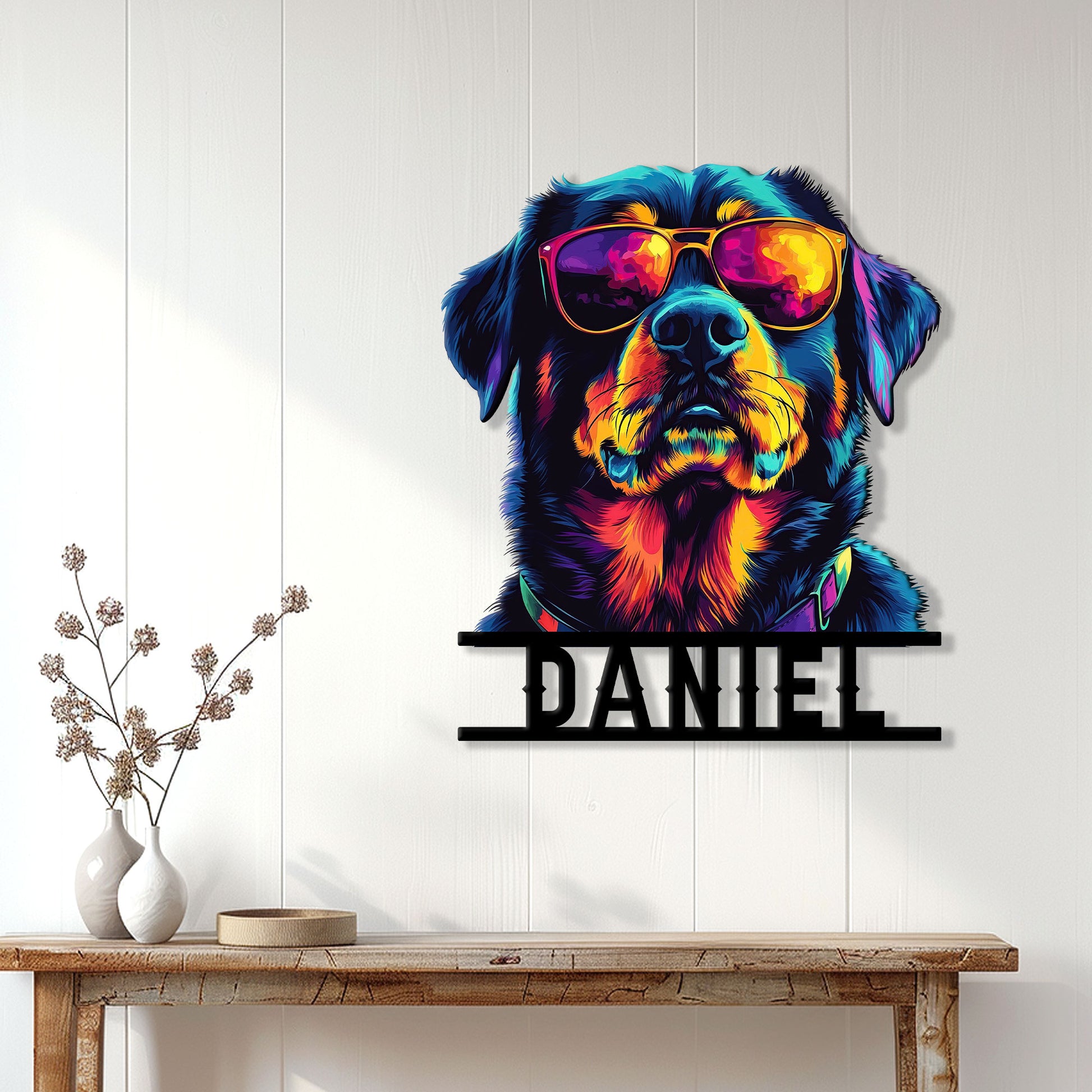 Colorful Rottweiler wall sign displayed on a bright paneled wall above a console table