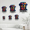 Rottweiler metal sign size guide showing multiple square size options in a living room
