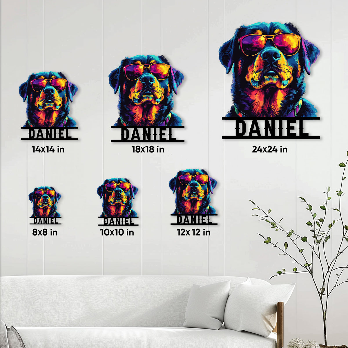 Rottweiler metal sign size guide showing multiple square size options in a living room